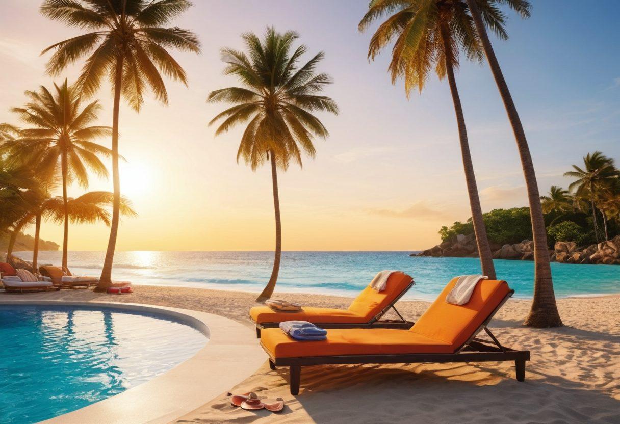 A vibrant beach scene featuring stylish beachwear laid out on a sandy shore, complemented by elegant luxury watches displayed next to colorful beach accessories. The sun is setting in the background, casting a warm glow over the tranquil waves, while a couple is lounging nearby, showcasing the chic summer fashion. Add tropical palm trees swaying in the breeze to enhance the summer vibe. super-realistic. vibrant colors. 3D.